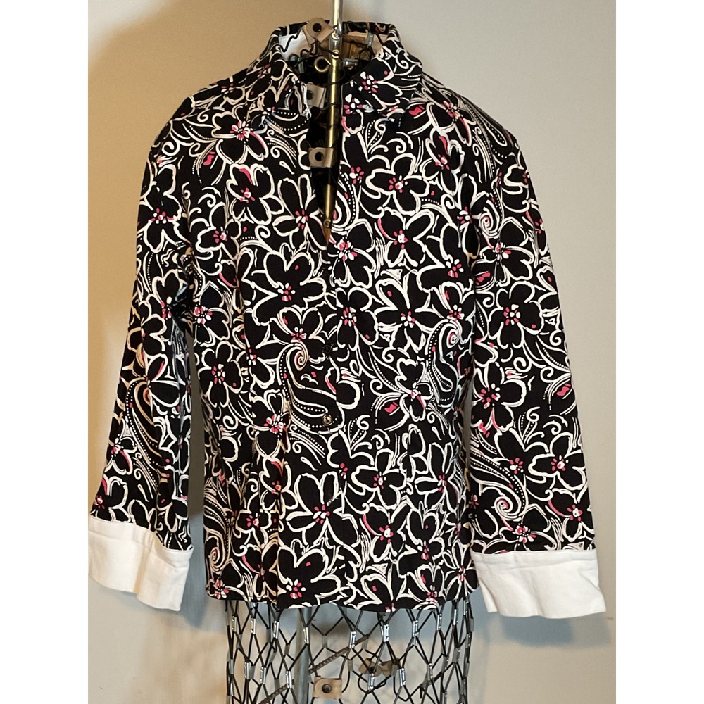 Collin Creek Womens Floral Paisley Button Front Blouse Black White Pink Style